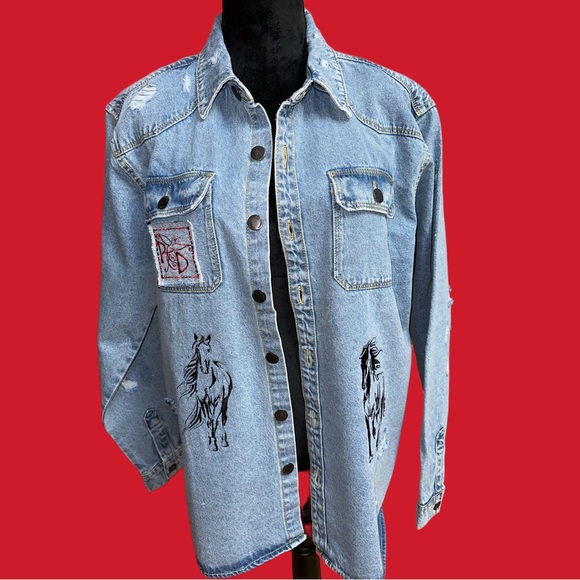 Horse Lover Embroidered Light Denim Distressed Long Sleeve Shirt - Picture 3 of 9